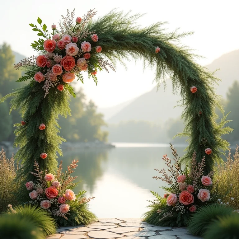 Arco de casamento decorado com flores e folhagens inusitadas.
