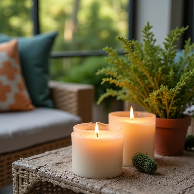 Área de estar ao ar livre com velas repelentes de mosquitos.