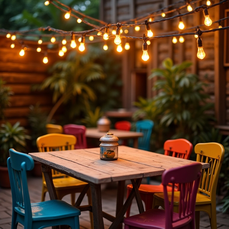 Área de jantar ao ar livre com luzes e mesa de madeira.