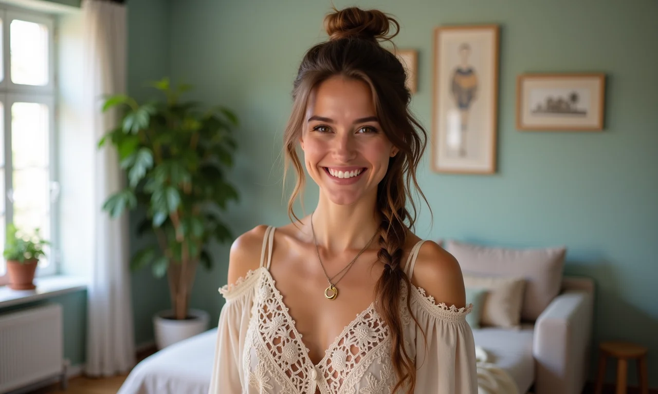 Arquiteta boho chic em apartamento decorado.