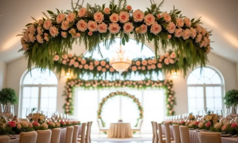 Arranjo aéreo circular de flores em casamento elegante.