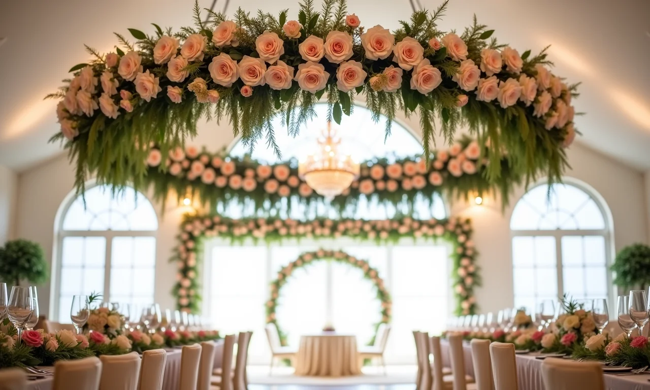 Arranjo aéreo circular de flores em casamento elegante.