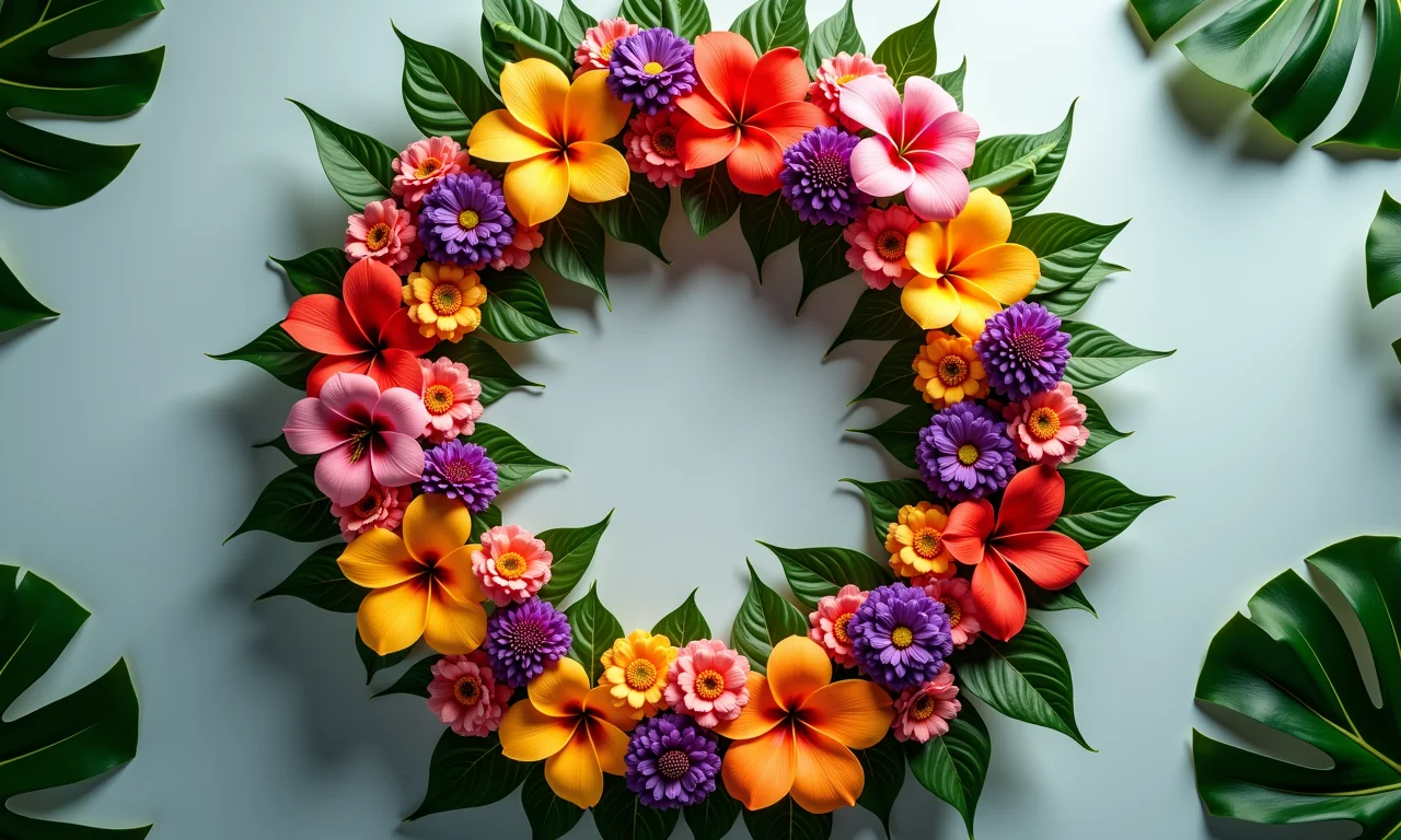 Arranjo circular com flores tropicais.
