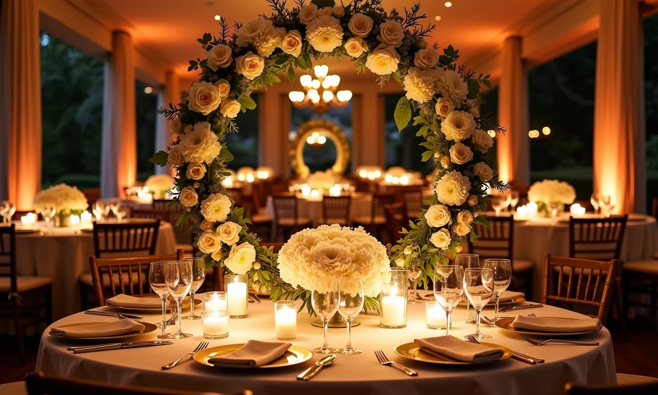 Arranjo circular com iluminação suave em festa de casamento.