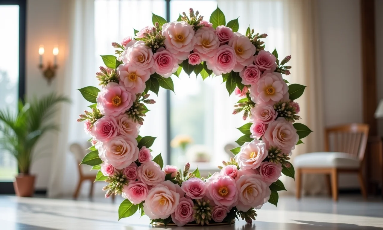 Arranjo circular com rosas e orquídeas.