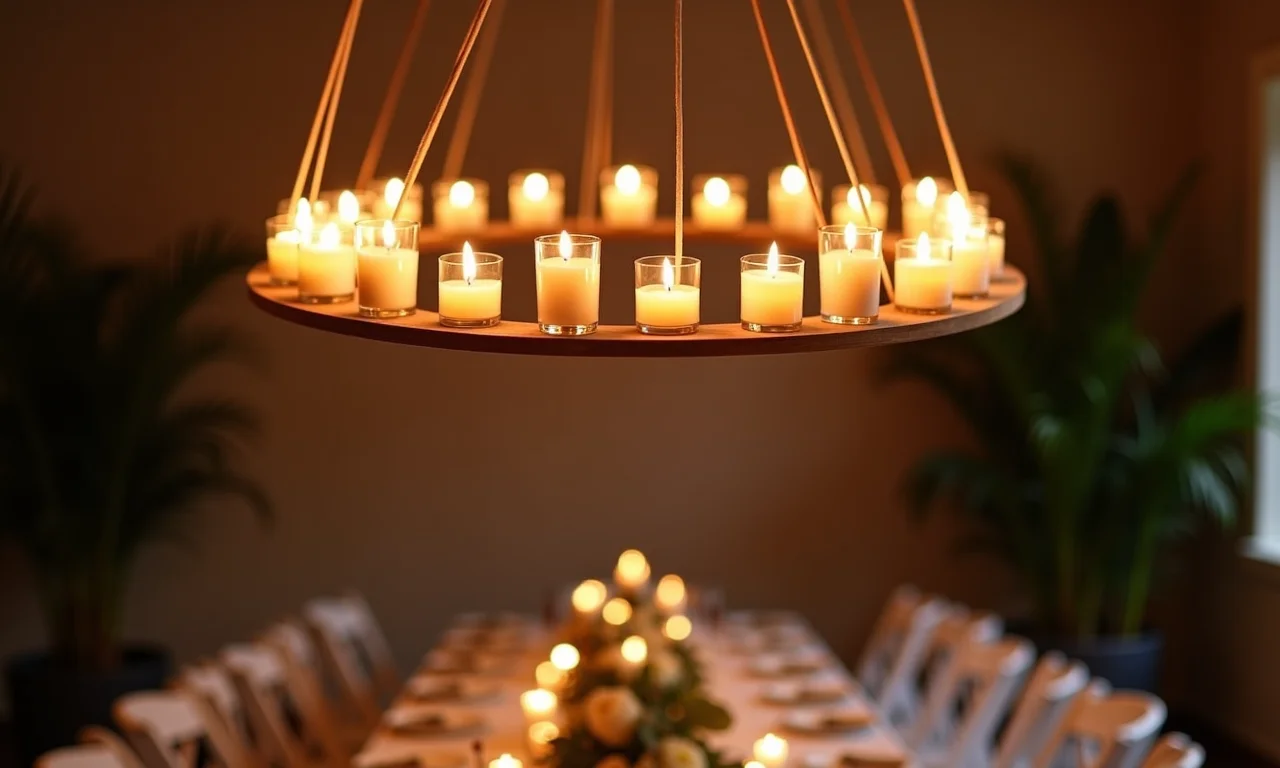 Arranjo circular com velas suspensas.