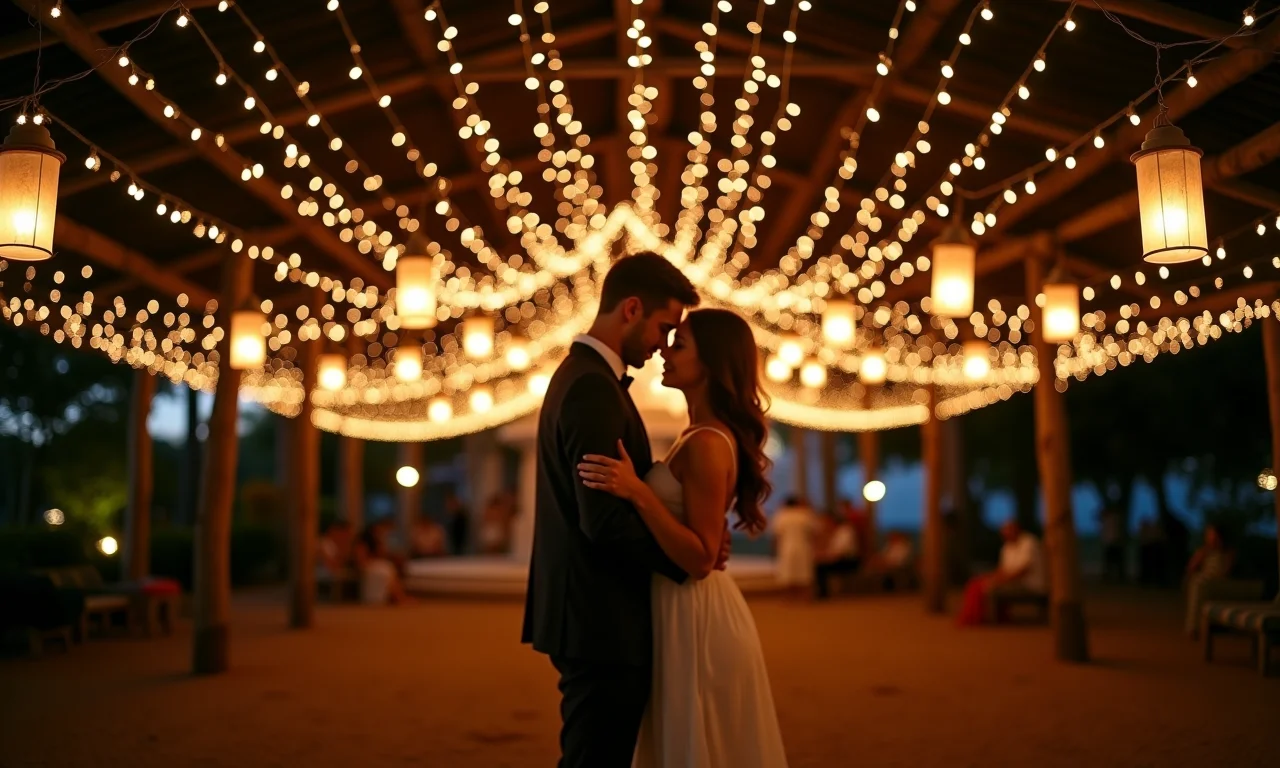 Arranjo de iluminação aérea com luzes de fada e lanternas.