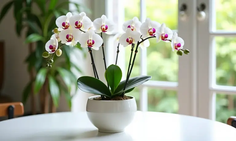 Arranjo de orquídeas sofisticado em mesa branca com decoração brasileira.