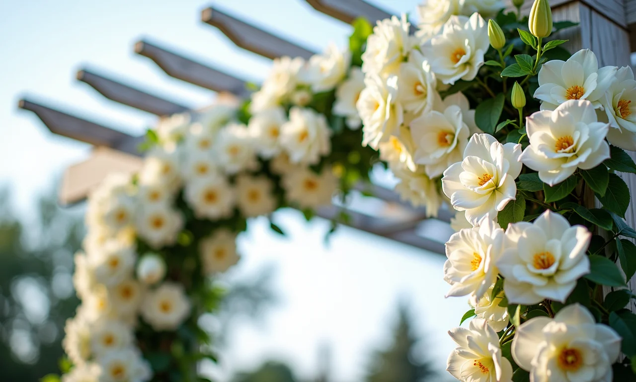 Arranjo de rosas brancas, lírios e orquídeas em pergolado.