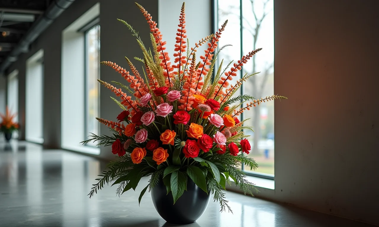 Arranjo floral alto com impacto visual.