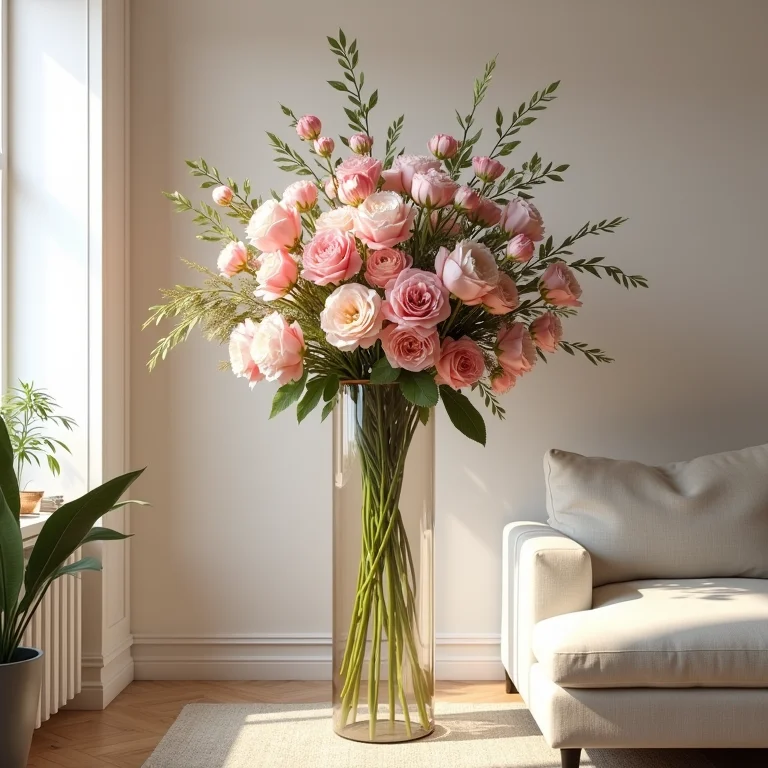 Arranjo floral alto em uma sala de estar