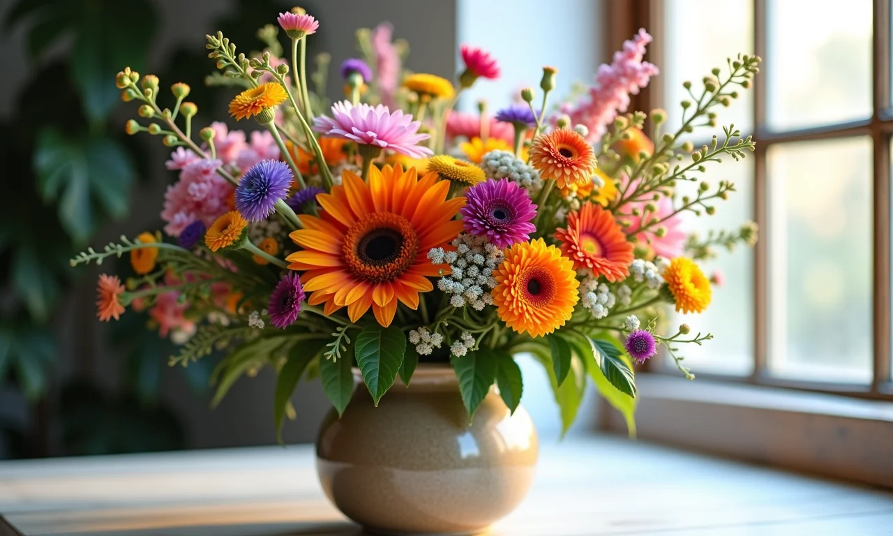 Arranjo floral boho chic com flores do campo e cores vibrantes.