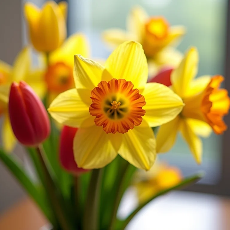 Arranjo floral de primavera com tulipas e narcisos