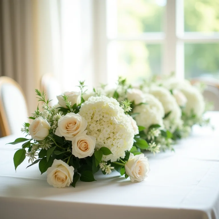 Arranjo floral delicado em mesa retangular de casamento.