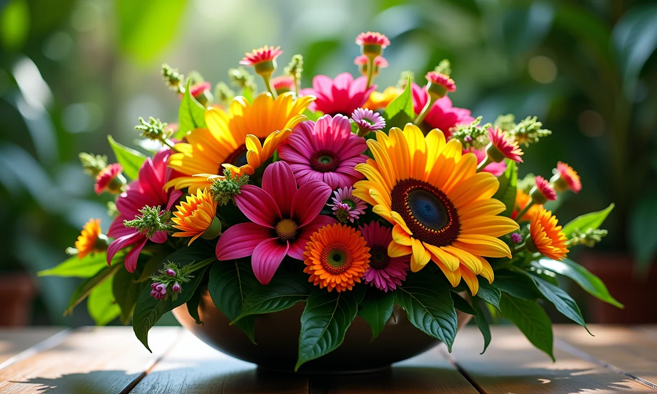 Arranjo floral exuberante com cores vibrantes e iluminação natural.