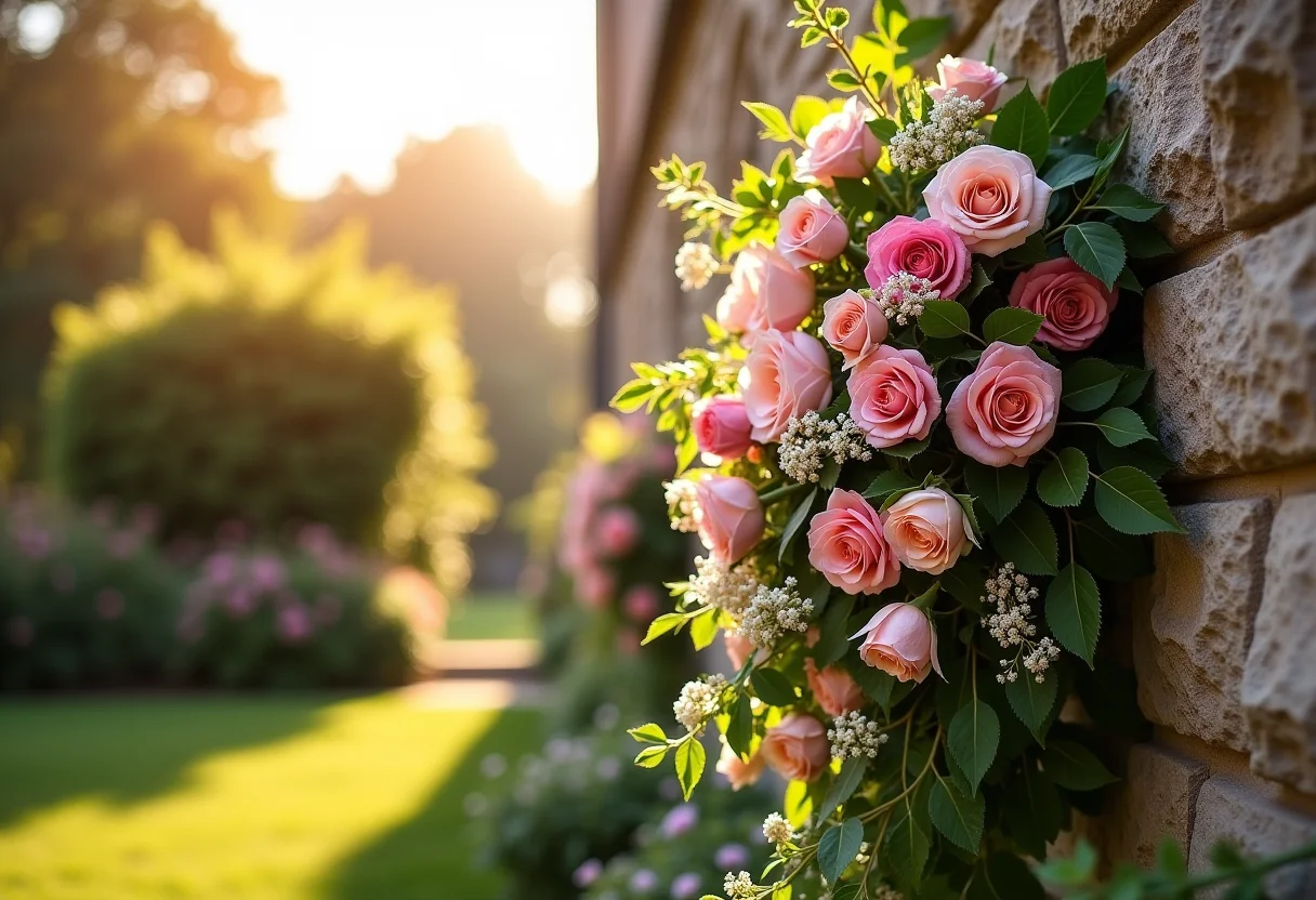 Arranjo floral exuberante em casamento ao ar livre