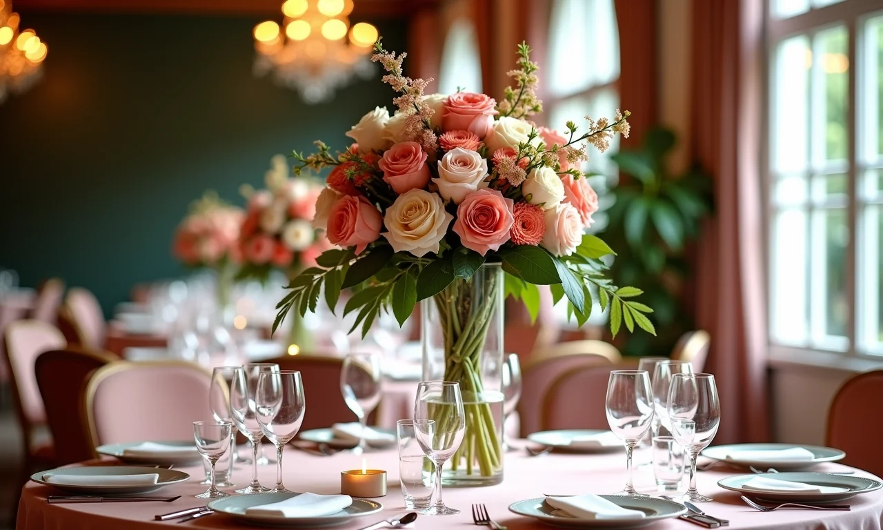 Arranjos florais altos como centro de mesa.