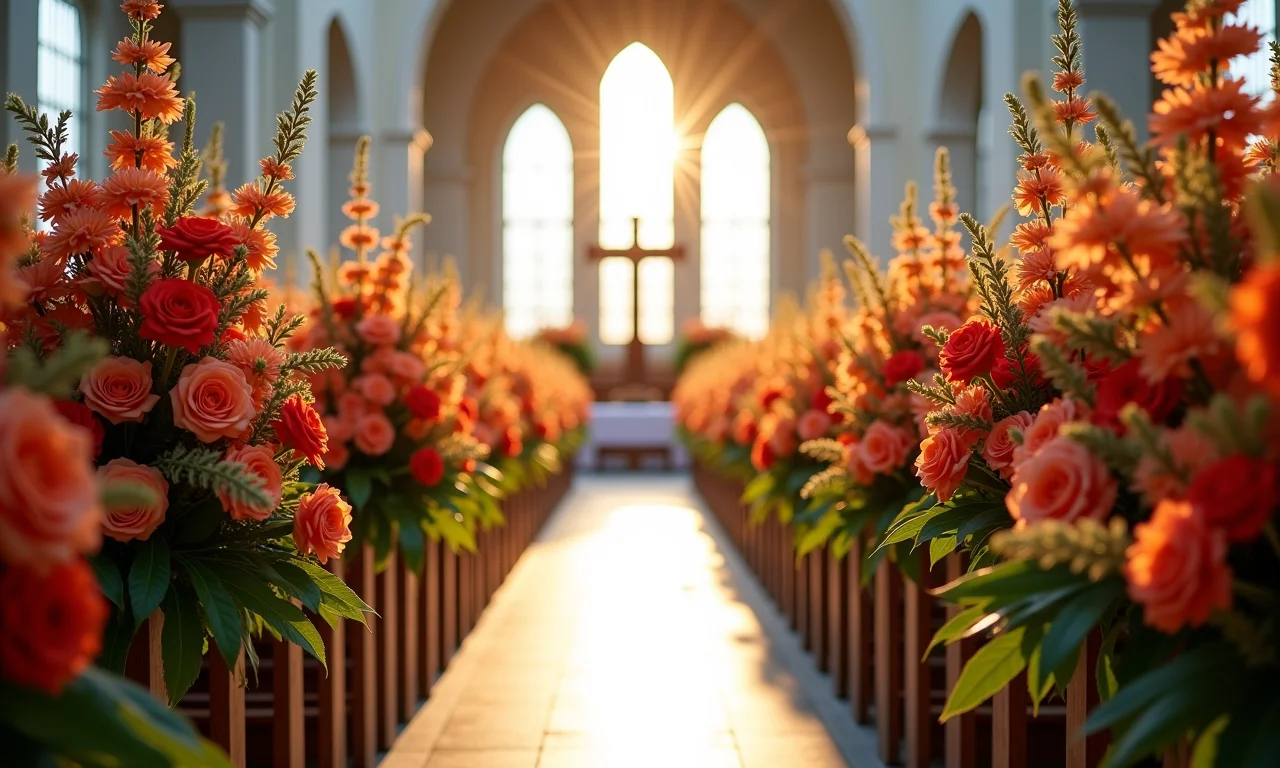 Arranjos florais altos no corredor da igreja.