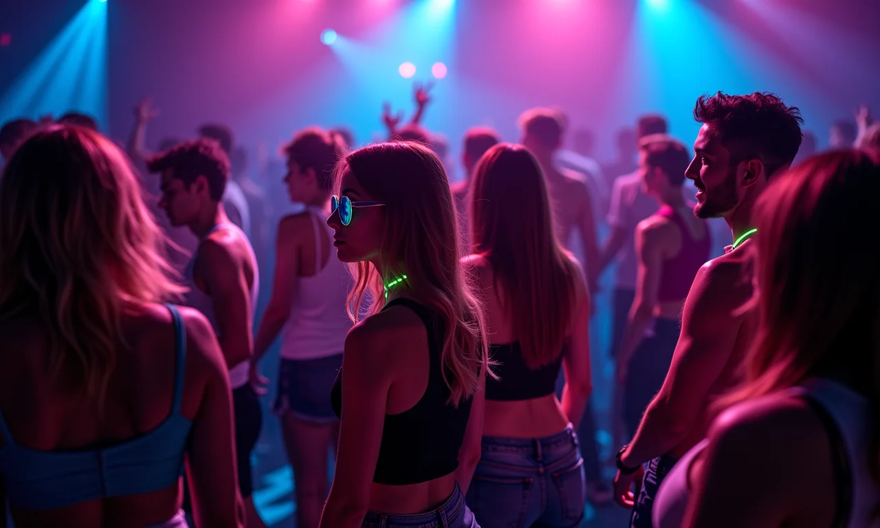 Balada com luz negra e pessoas dançando em roupas neon.