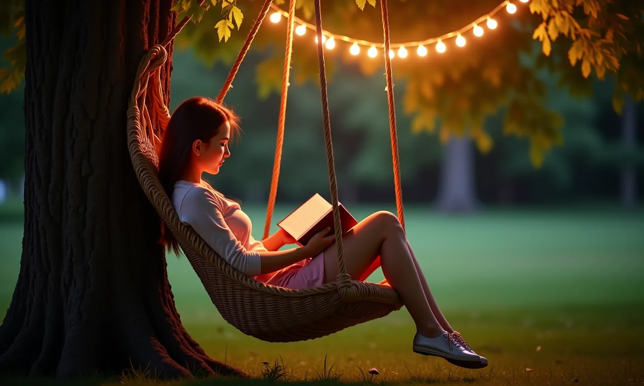 Balanço suspenso de vime criando ambiente romântico.