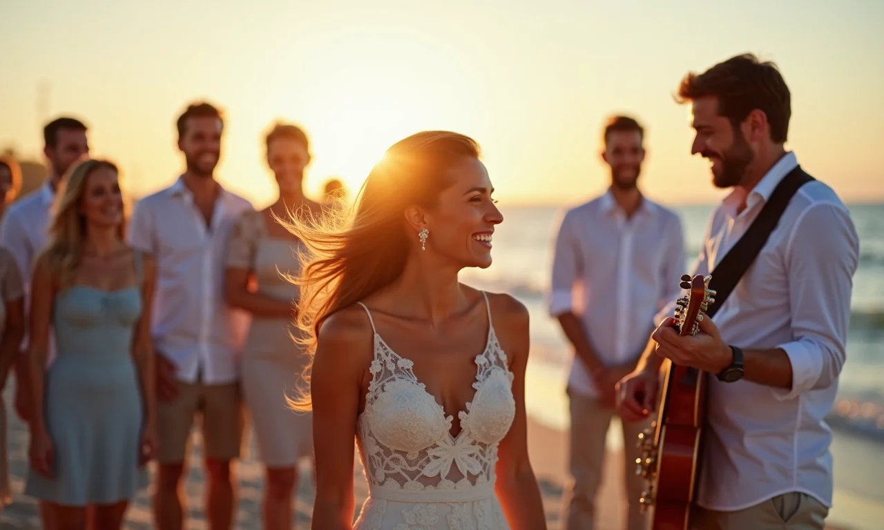 Banda tocando música emocionante em casamento na praia.