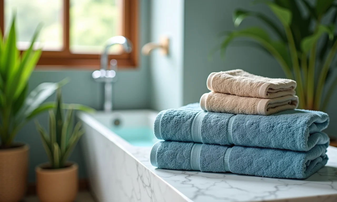 Banheiro com toalhas jacquard em tons harmoniosos, estilo Farm Rio.