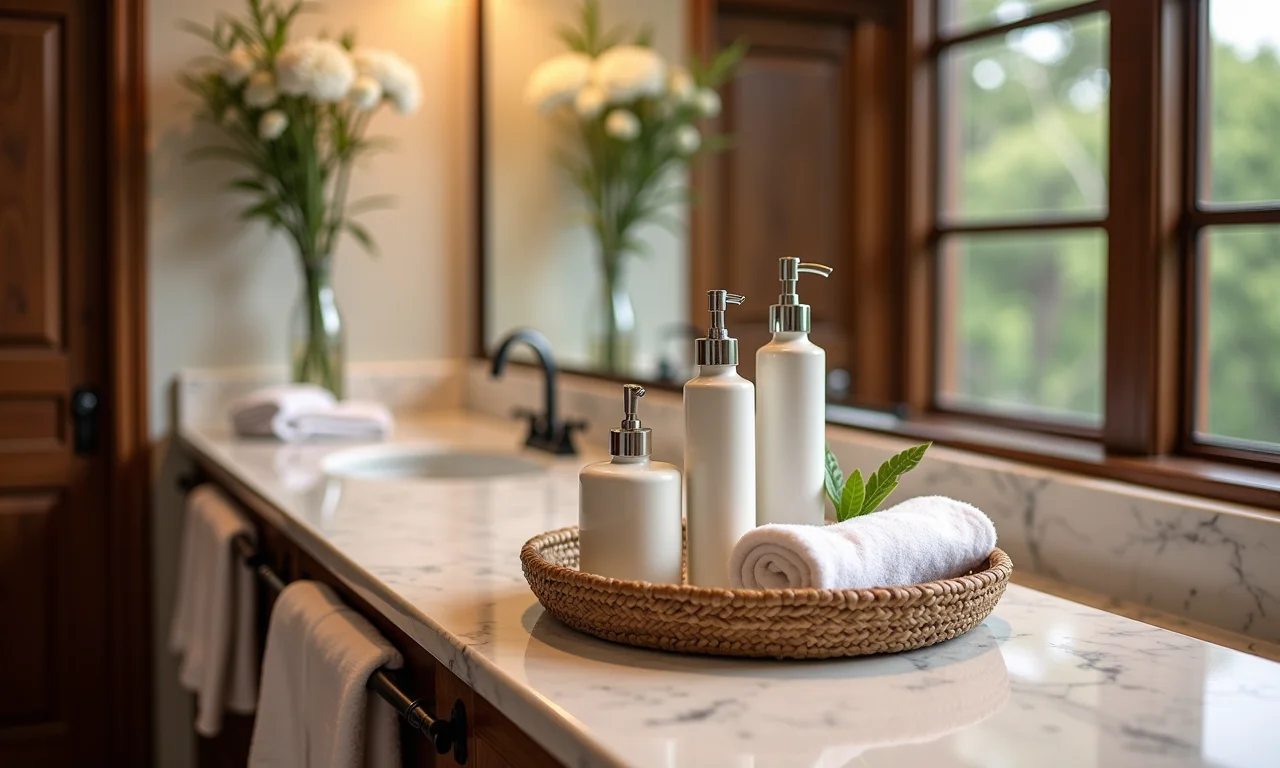 Banheiro de festa decorado com kit toalete luxuoso.