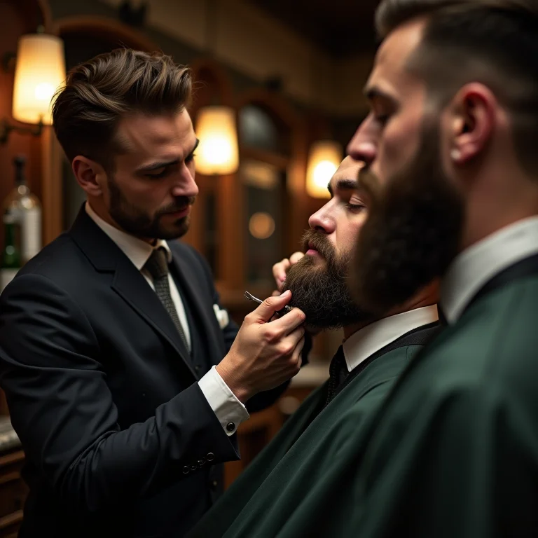 Barbeiro aparando a barba do noivo em barbearia vintage