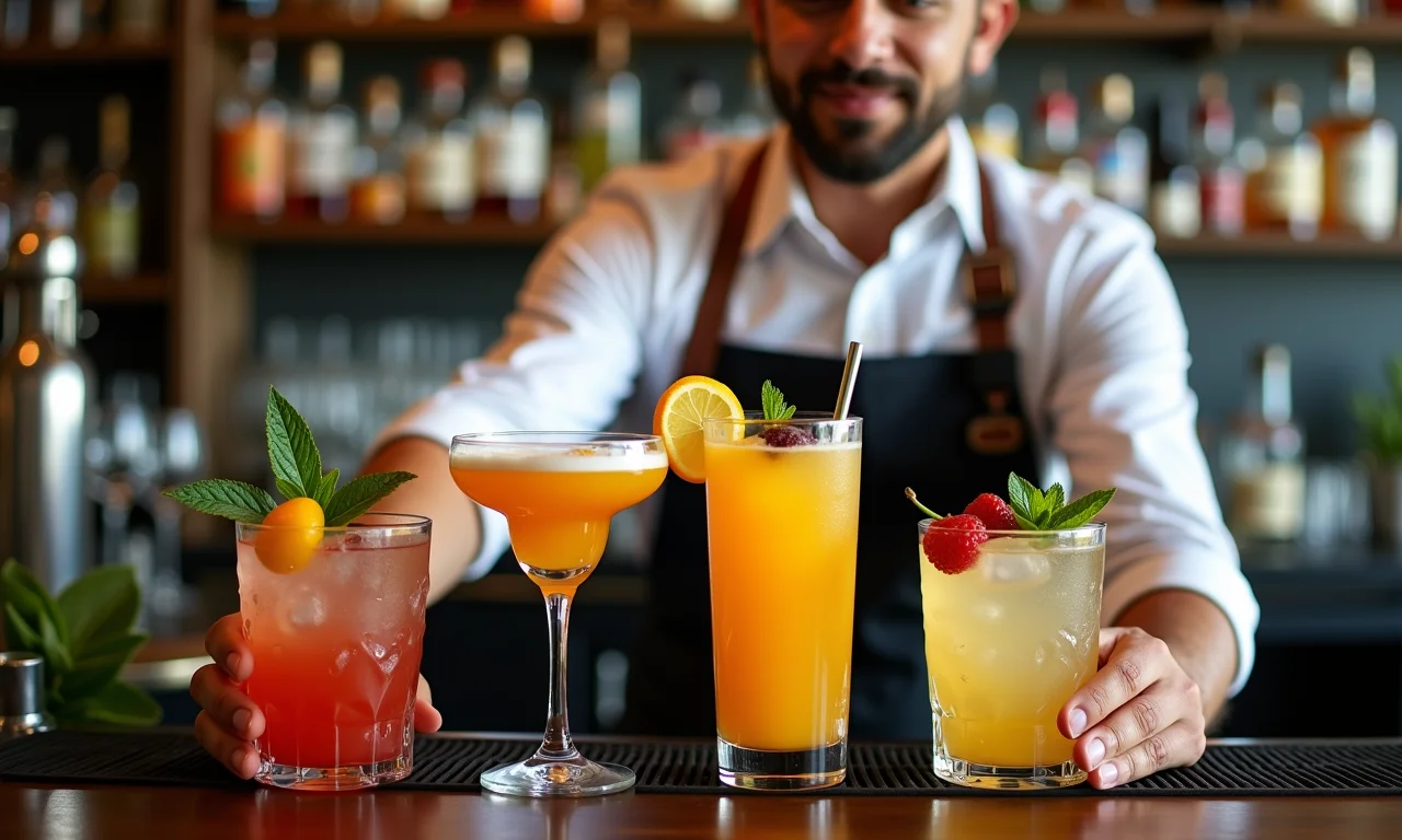 Bartender mostrando os ingredientes dos drinks, frutas e bebidas.