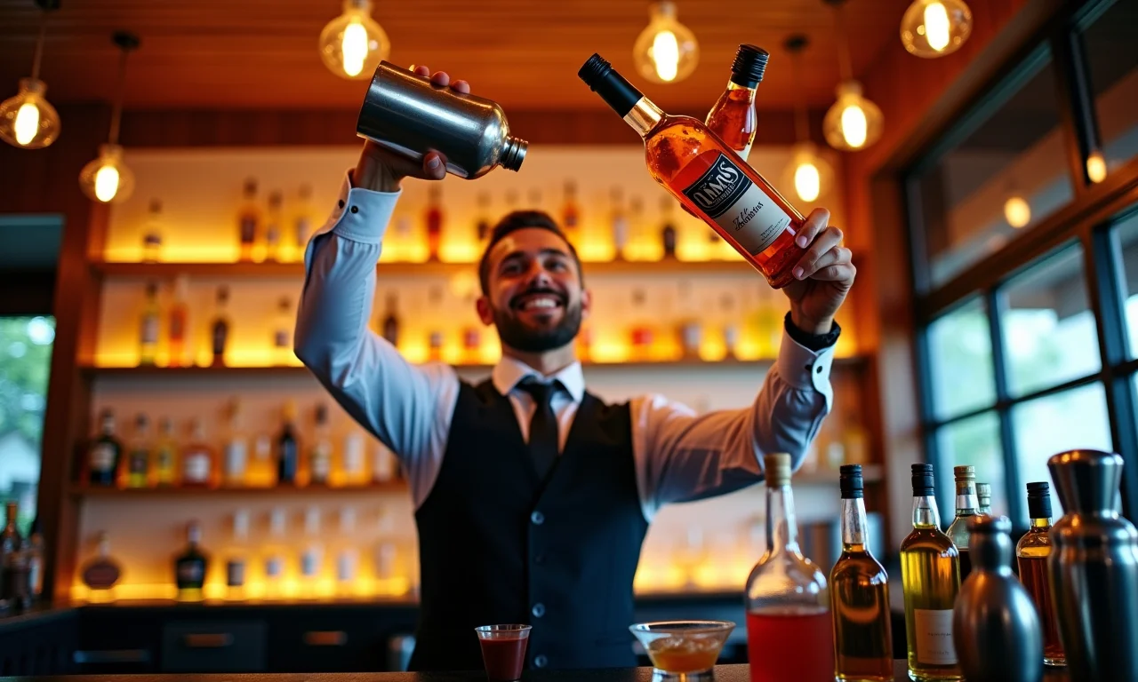 Bartender performático em ação, malabarismo com garrafas e coqueteleira.