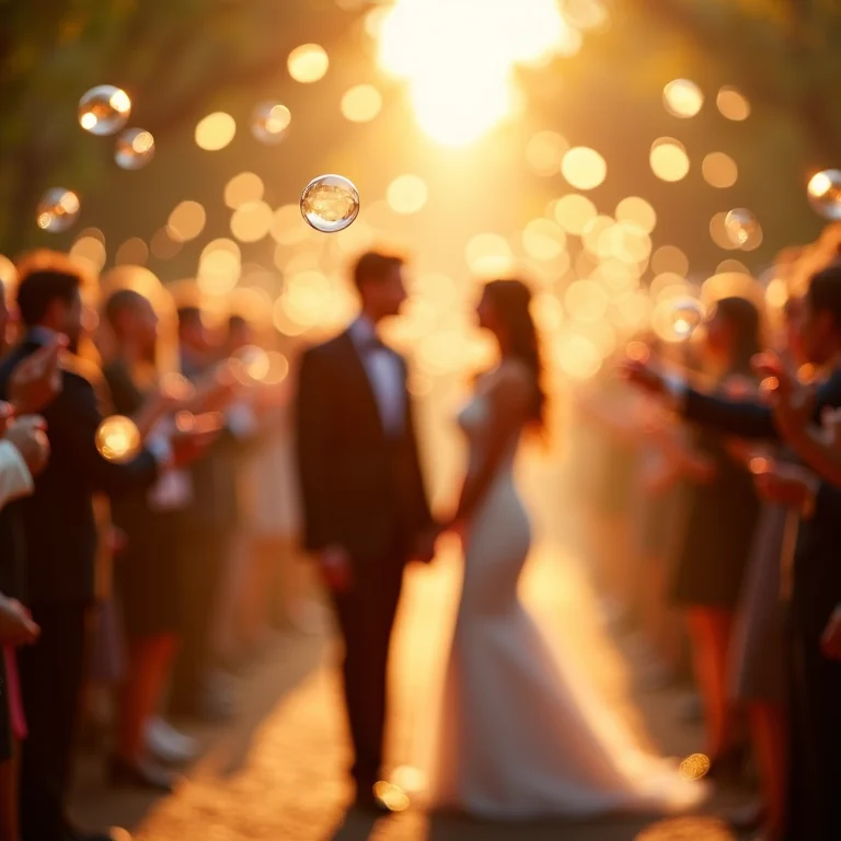 Bolhas de sabão flutuando no ar durante a saída dos noivos.