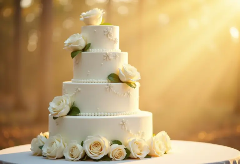 Bolo branco clássico com rosas brancas em um casamento de luxo.