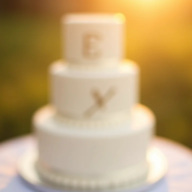 Bolo branco com monograma discreto.