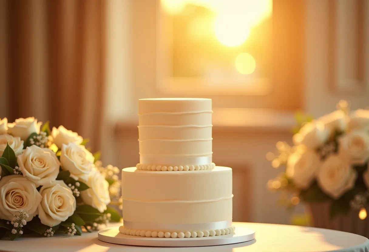 Bolo de casamento branco clássico em salão de festas luxuoso.