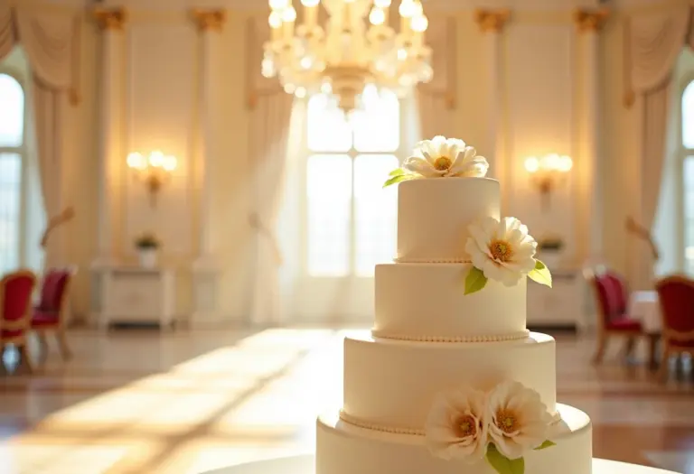 Bolo de casamento branco clássico em um salão de baile luxuoso