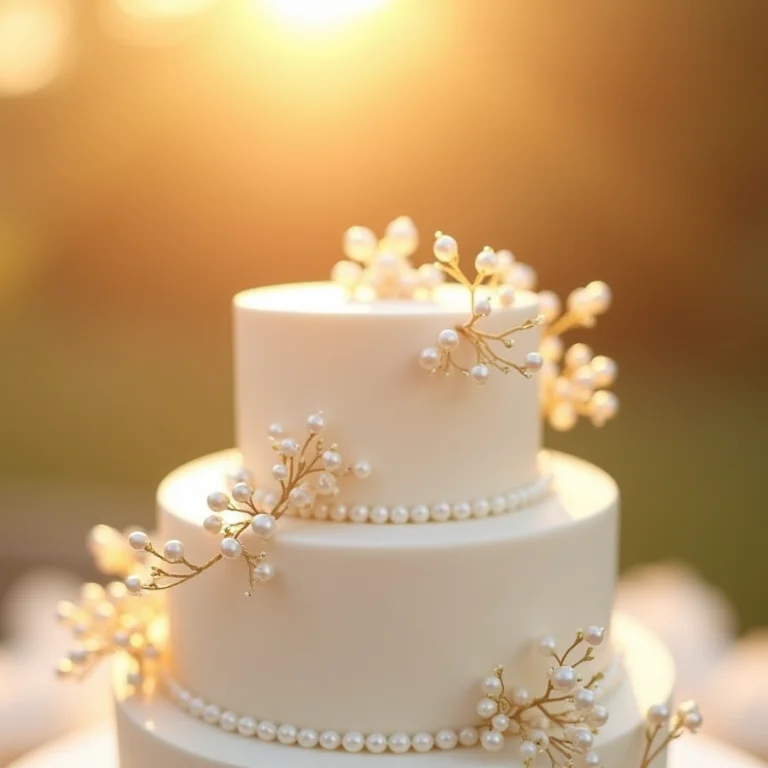 Bolo de casamento branco com aplicações de pérolas.