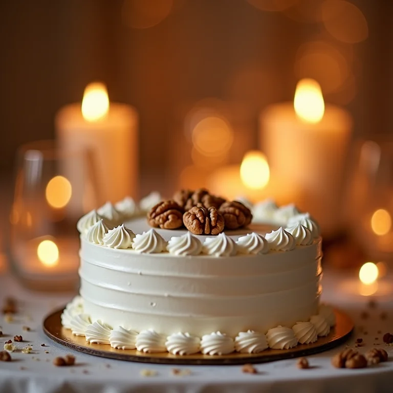 Bolo de casamento branco com recheio de nozes.