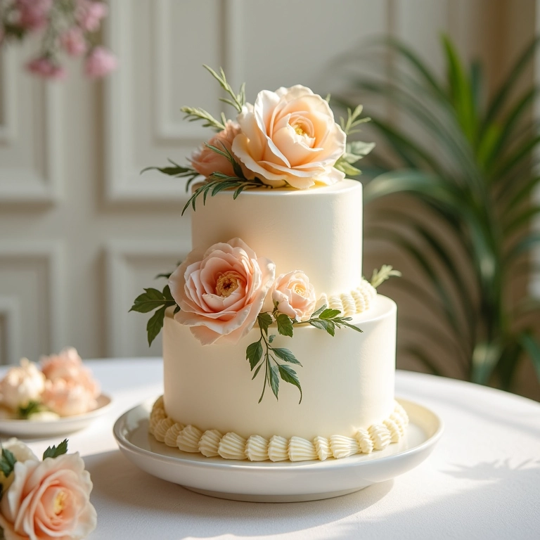 Bolo de casamento elegante com decoração floral.