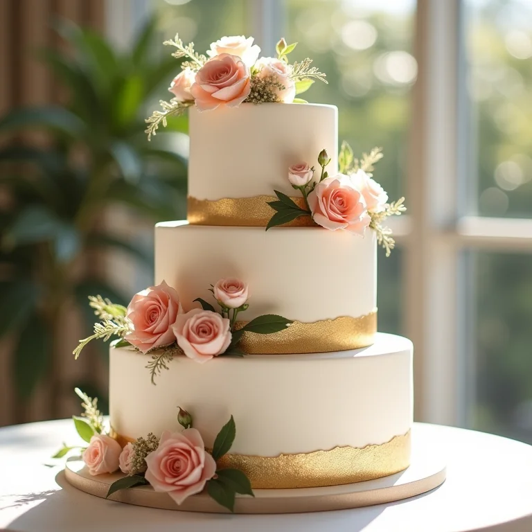 Bolo de casamento elegante com flores de açúcar e detalhes em dourado