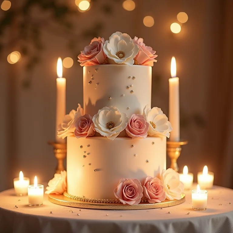 Bolo de casamento luxuoso com flores de açúcar e velas