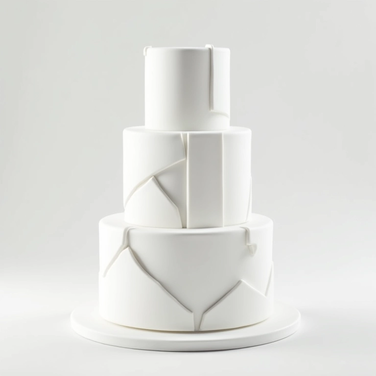 Bolo de casamento minimalista com padrões geométricos.