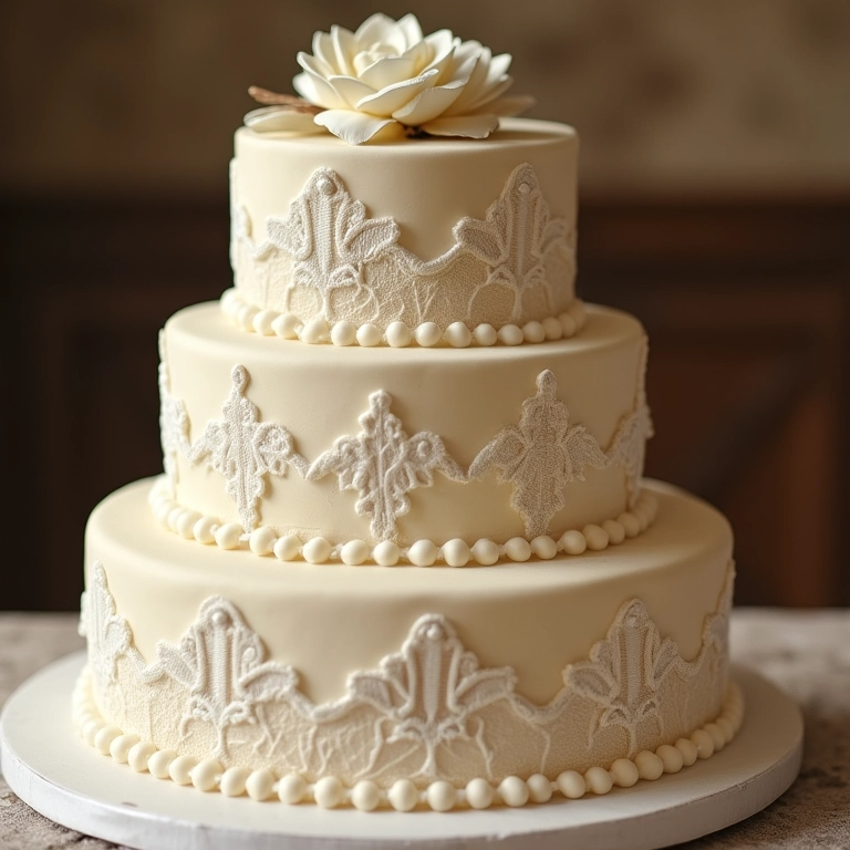 Bolo de casamento vintage com detalhes em renda.