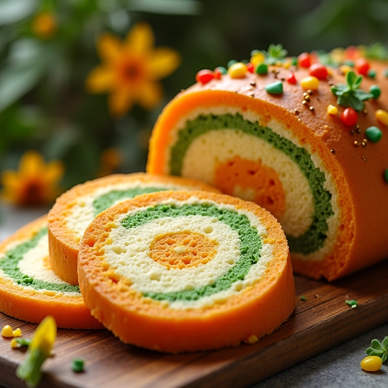 Bolo de rolo decorado com temas festivos.