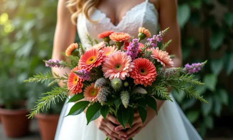 Bouquet de casamento com flores plantadas, estilo Farm Rio.
