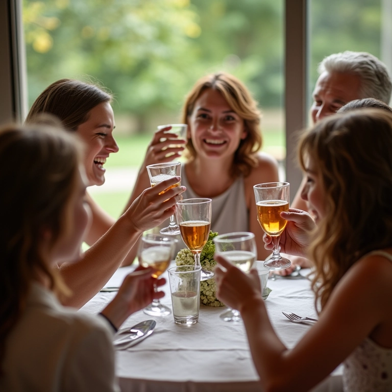 Brinde de casamento informal com família reunida em volta da mesa.
