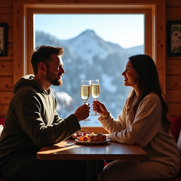 Brinde de um casal em chalé aconchegante com vista para montanhas nevadas.