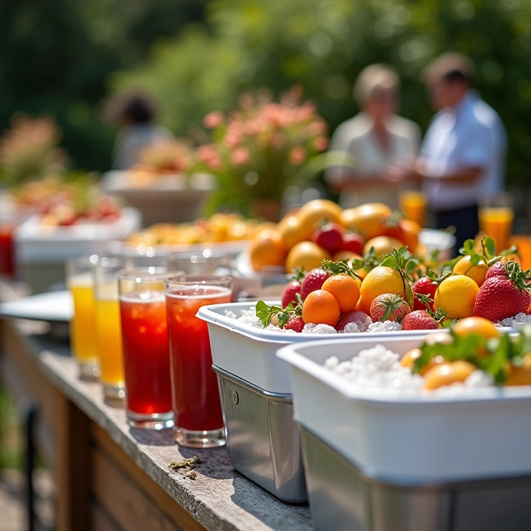 Buffet ao ar livre com recipientes isotérmicos e baldes de gelo.