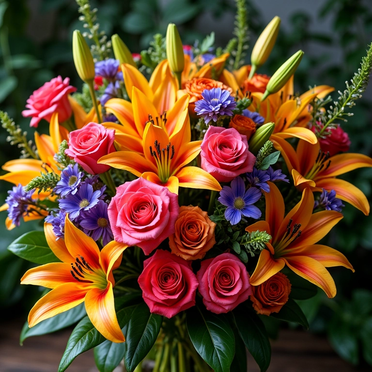 Buquê colorido vibrante com rosas, lírios e flores silvestres.