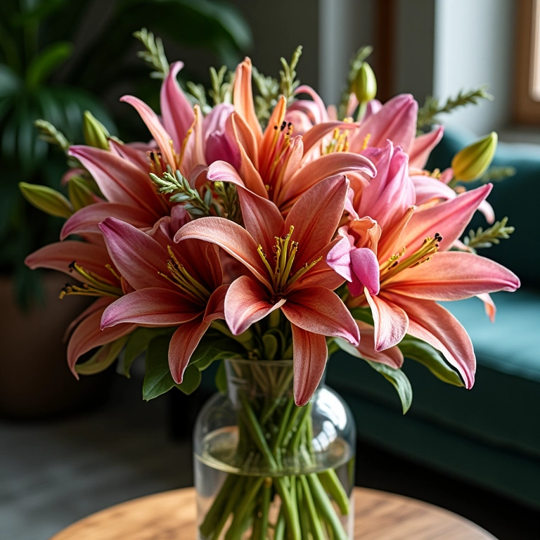 Buquê com flores exóticas, orquídeas e proteas.