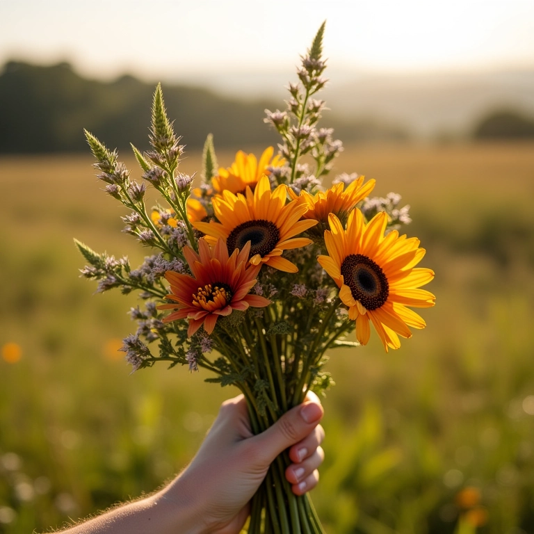 Buquê com flores silvestres em mãos.